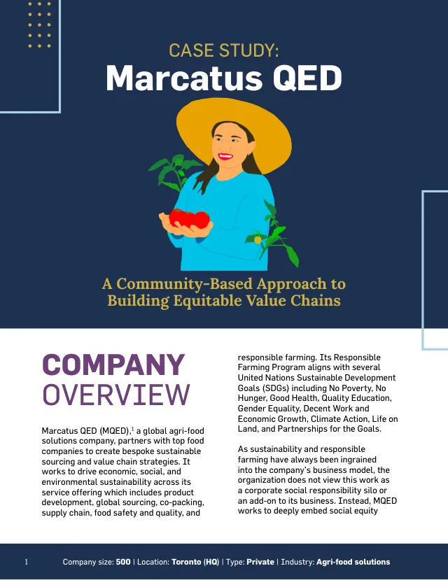 Cover of the English case study: an illustrated woman farmer in a wide-brimmed hat holding tomatoes, on a navy background