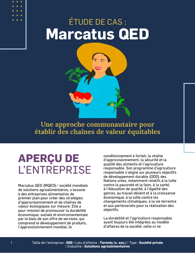 Cover of the French case study: an illustrated woman farmer in a wide-brimmed hat holding tomatoes, on a navy background