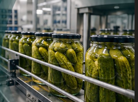 Jars of pickles moving along a co-packing line