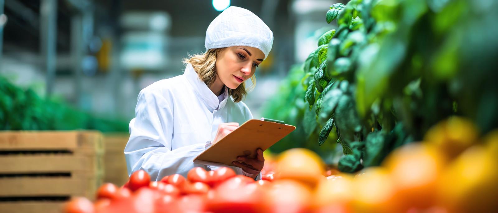 Quality technician recording checks against fresh produce on the line